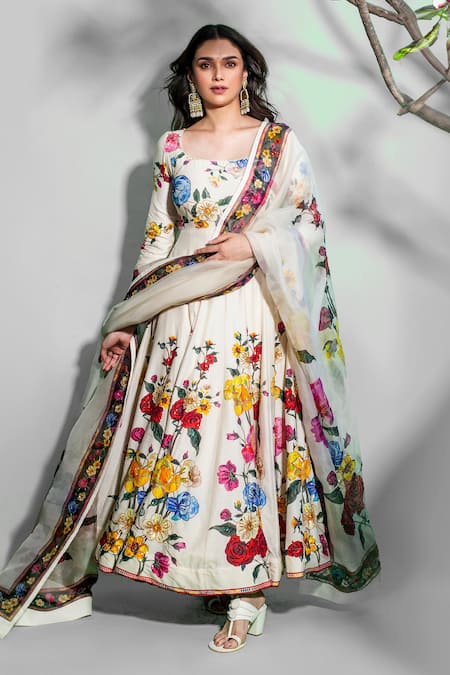 Rohit Bal_Ivory Chanderi Silk, Cotton Embroidery Round Neck Floral Print Anarkali Pant Set _Online_at_Aza_Fashions