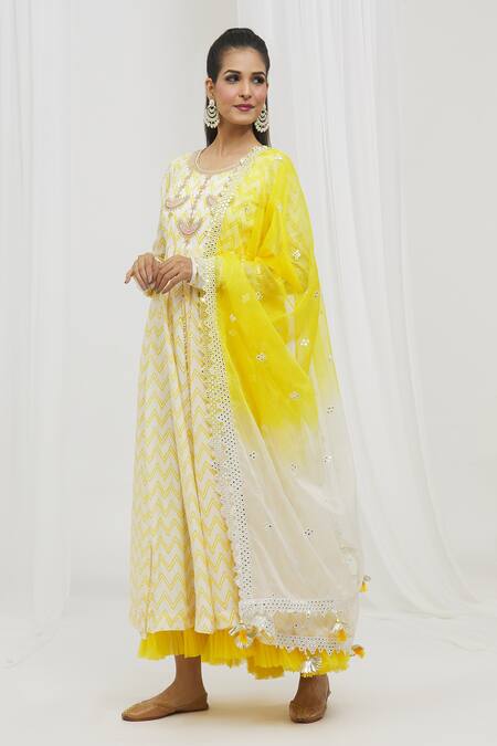 Buy_Yuvraani Jaipur_Yellow Silk, Organza, Satin Mirrors, Fringe, Chevron Print Anarkali With Dupatta _Online_at_Aza_Fashions