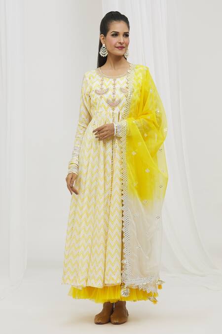 Shop_Yuvraani Jaipur_Yellow Silk, Organza, Satin Mirrors, Fringe, Chevron Print Anarkali With Dupatta _Online_at_Aza_Fashions
