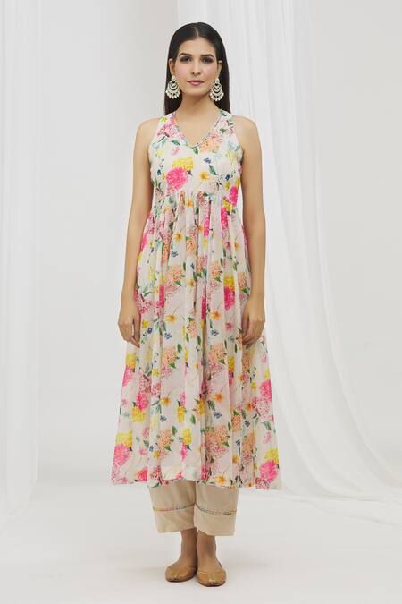 Yuvraani Jaipur Multi Color Chanderi, Cotton, Organza Floral Pattern Gathered Anarkali Set at Aza Fashions Yuvraani Jaipur_Multi Color Chanderi, Cotton, Organza Floral Pattern Gathered Anarkali Set _at_Aza_Fashions