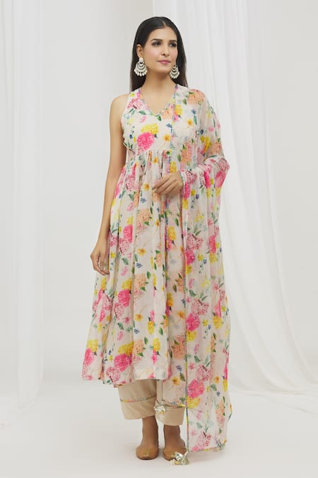 Yuvraani Jaipur Multi Color Chanderi, Cotton, Organza Floral Pattern Gathered Anarkali Set Online at Aza Fashions Yuvraani Jaipur_Multi Color Chanderi, Cotton, Organza Floral Pattern Gathered Anarkali Set _Online_at_Aza_Fashions