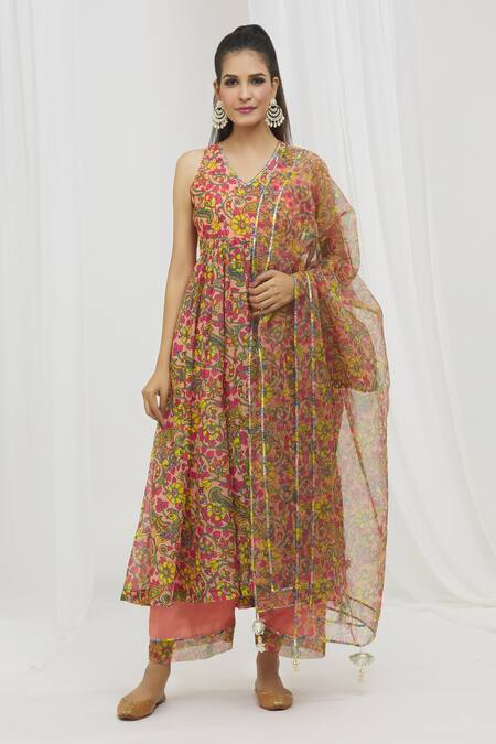 Buy_Yuvraani Jaipur_Multi Color Chanderi, Cotton, Organza Embroidery, Floral Pattern Anarkali Set _Online_at_Aza_Fashions