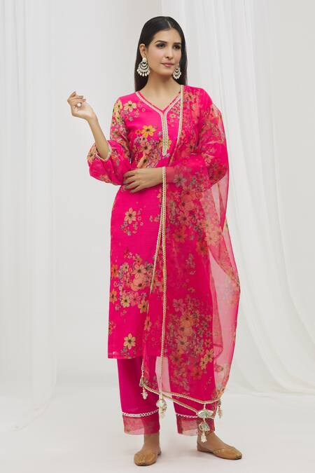 Shop Yuvraani Jaipur Pink Chanderi, Cotton, Organza Embroidery, Straight Floral Pattern Kurta Set Online at Aza Fashions Shop_Yuvraani Jaipur_Pink Chanderi, Cotton, Organza Embroidery, Straight Floral Pattern Kurta Set _Online_at_Aza_Fashions