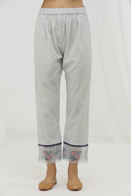 Shop Yuvraani Jaipur Blue Chanderi, Cotton, Organza Embroidery, Lace V-neck Floral Pattern Kurta Set Online at Aza Fashions Shop_Yuvraani Jaipur_Blue Chanderi, Cotton, Organza Embroidery, Lace V-neck Floral Pattern Kurta Set _Online_at_Aza_Fashions