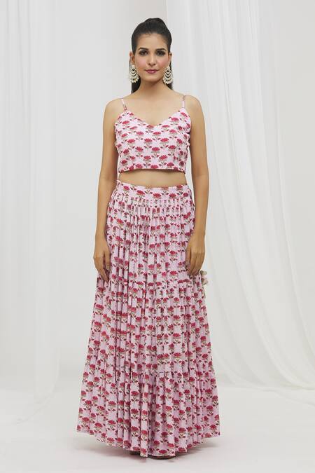 Yuvraani Jaipur Pink Muslin, Organza, Silk Embroidery, Floral Hand Block Print Lehenga Set Online at Aza Fashions Yuvraani Jaipur_Pink Muslin, Organza, Silk Embroidery, Floral Hand Block Print Lehenga Set _Online_at_Aza_Fashions