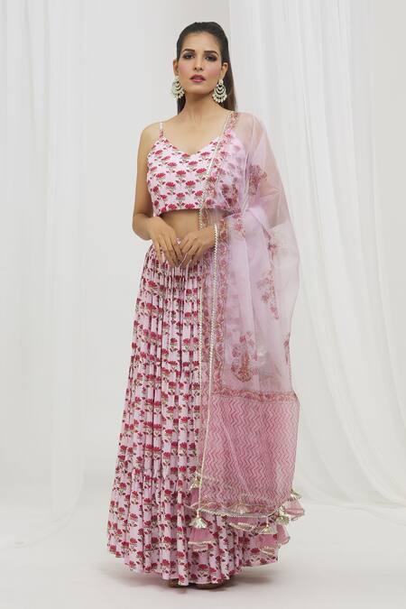 Buy Yuvraani Jaipur Pink Muslin, Organza, Silk Embroidery, Floral Hand Block Print Lehenga Set Online at Aza Fashions Buy_Yuvraani Jaipur_Pink Muslin, Organza, Silk Embroidery, Floral Hand Block Print Lehenga Set _Online_at_Aza_Fashions