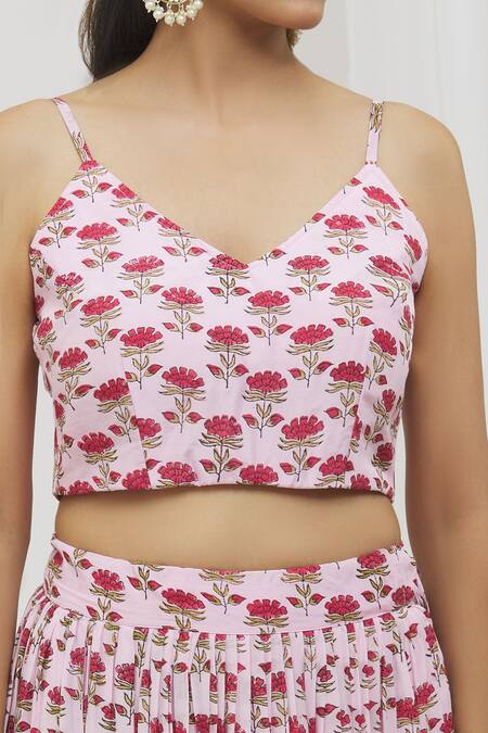 Shop Yuvraani Jaipur Pink Muslin, Organza, Silk Embroidery, Floral Hand Block Print Lehenga Set Online at Aza Fashions Shop_Yuvraani Jaipur_Pink Muslin, Organza, Silk Embroidery, Floral Hand Block Print Lehenga Set _Online_at_Aza_Fashions