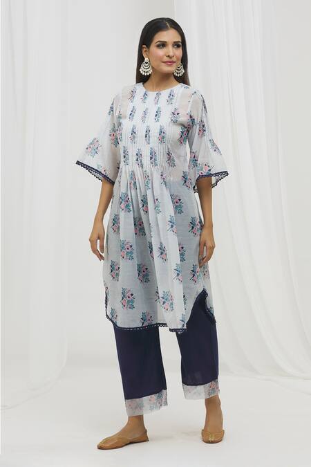 Yuvraani Jaipur Blue Chanderi, Cotton Lace Round Neck Floral Print Kurta And Pant Set Online at Aza Fashions Yuvraani Jaipur_Blue Chanderi, Cotton Lace Round Neck Floral Print Kurta And Pant Set _Online_at_Aza_Fashions
