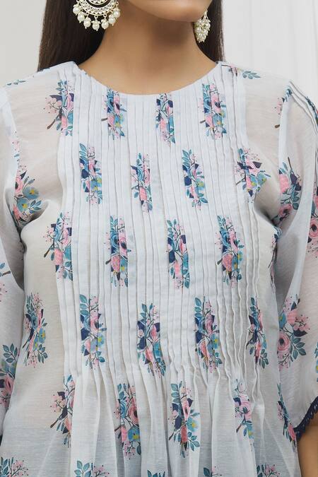 Buy Yuvraani Jaipur Blue Chanderi, Cotton Lace Round Neck Floral Print Kurta And Pant Set Online at Aza Fashions Buy_Yuvraani Jaipur_Blue Chanderi, Cotton Lace Round Neck Floral Print Kurta And Pant Set _Online_at_Aza_Fashions