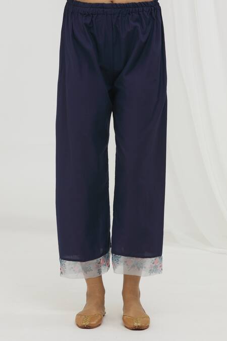 Shop Yuvraani Jaipur Blue Chanderi, Cotton Lace Round Neck Floral Print Kurta And Pant Set Online at Aza Fashions Shop_Yuvraani Jaipur_Blue Chanderi, Cotton Lace Round Neck Floral Print Kurta And Pant Set _Online_at_Aza_Fashions