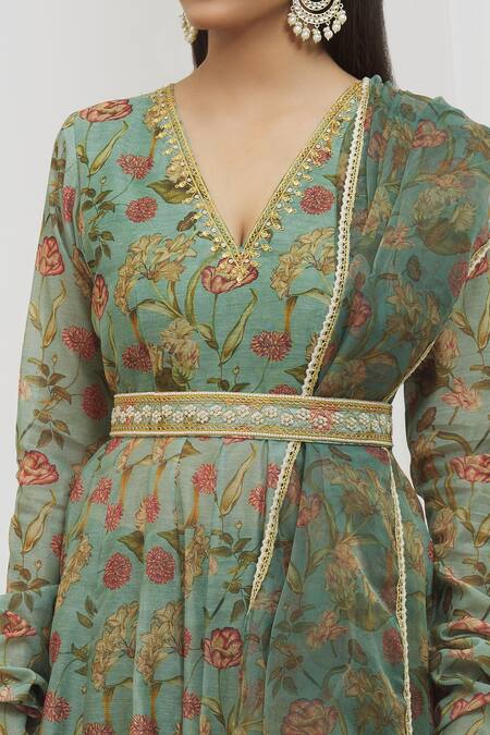 Buy_Yuvraani Jaipur_Green Chanderi, Cotton Sequins, Lace, Tassels, Floral Print Anarkali Set _Online_at_Aza_Fashions