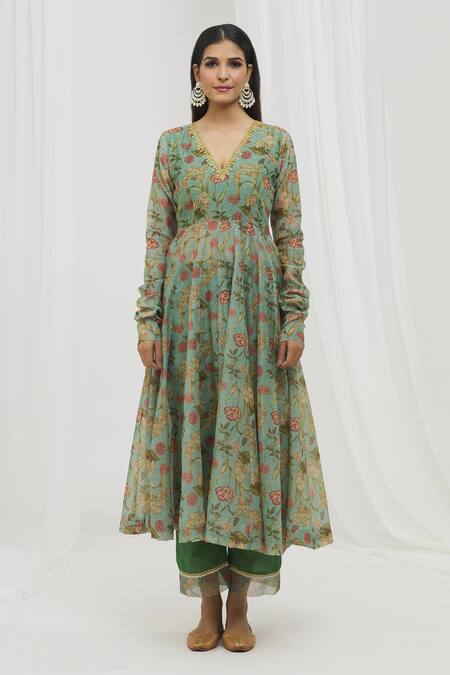 Shop_Yuvraani Jaipur_Green Chanderi, Cotton Sequins, Lace, Tassels, Floral Print Anarkali Set _Online_at_Aza_Fashions