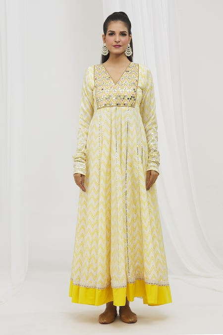 Yuvraani Jaipur_Yellow Silk, Satin, Organza Mirrors, Gota Chevron Print Anarkali With Dupatta _at_Aza_Fashions