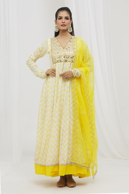 Buy_Yuvraani Jaipur_Yellow Silk, Satin, Organza Mirrors, Gota Chevron Print Anarkali With Dupatta _Online_at_Aza_Fashions