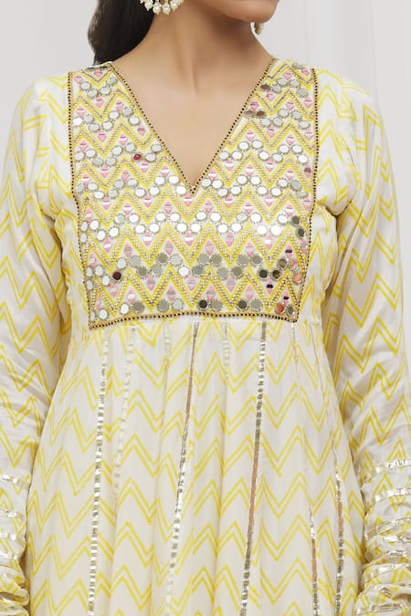 Shop_Yuvraani Jaipur_Yellow Silk, Satin, Organza Mirrors, Gota Chevron Print Anarkali With Dupatta _Online_at_Aza_Fashions