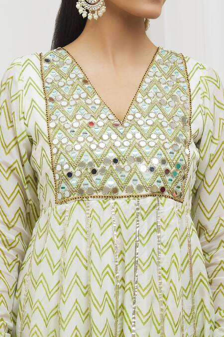 Shop_Yuvraani Jaipur_Green Silk, Organza Mirrors V-neck Chevron Print Anarkali With Work Dupatta _Online_at_Aza_Fashions