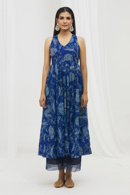 Yuvraani Jaipur_Blue Chanderi, Cotton, Organza Embroidery, Tassels Halter Printed Anarkali Set _at_Aza_Fashions