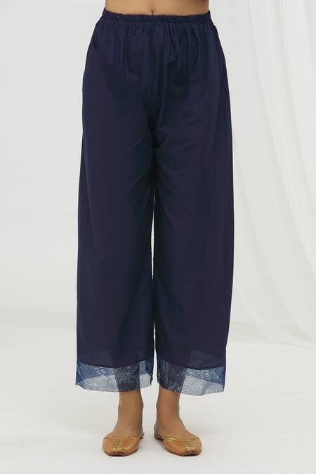 Shop_Yuvraani Jaipur_Blue Chanderi, Cotton, Organza Embroidery, Tassels Halter Printed Anarkali Set _Online_at_Aza_Fashions