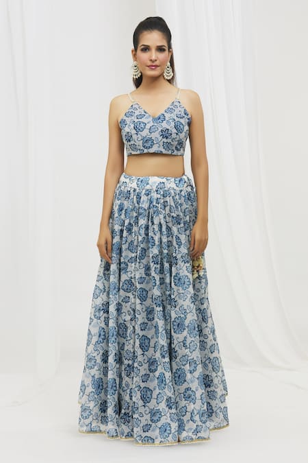 Yuvraani Jaipur_Blue Chanderi, Chiffon, Cotton Embroidery, Tassels Floral Print Lehenga Set _at_Aza_Fashions