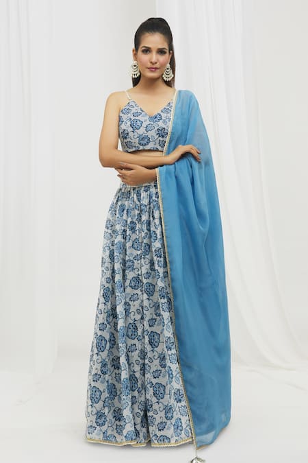 Yuvraani Jaipur_Blue Chanderi, Chiffon, Cotton Embroidery, Tassels Floral Print Lehenga Set _Online_at_Aza_Fashions
