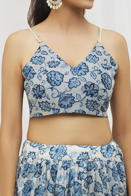 Buy_Yuvraani Jaipur_Blue Chanderi, Chiffon, Cotton Embroidery, Tassels Floral Print Lehenga Set _Online_at_Aza_Fashions