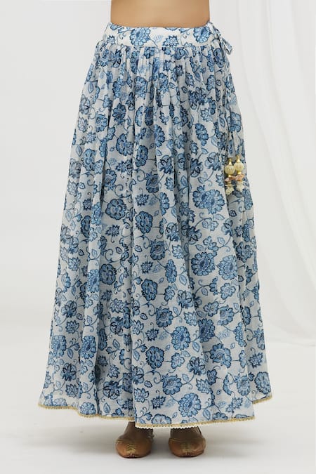 Shop_Yuvraani Jaipur_Blue Chanderi, Chiffon, Cotton Embroidery, Tassels Floral Print Lehenga Set _Online_at_Aza_Fashions