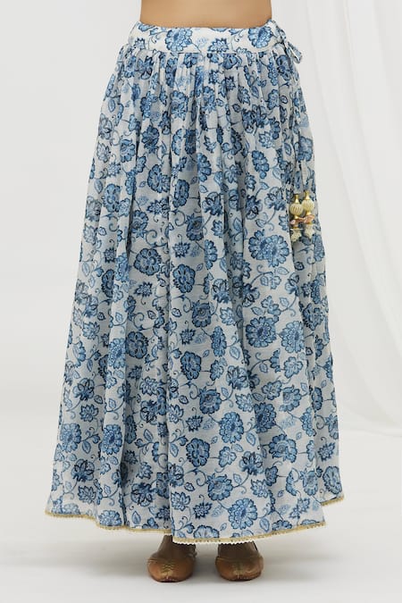 Yuvraani Jaipur Blue Chanderi, Cotton, Chiffon Embroidery, Tassels Floral Print Lehenga Set at Aza Fashions Yuvraani Jaipur_Blue Chanderi, Cotton, Chiffon Embroidery, Tassels Floral Print Lehenga Set _at_Aza_Fashions