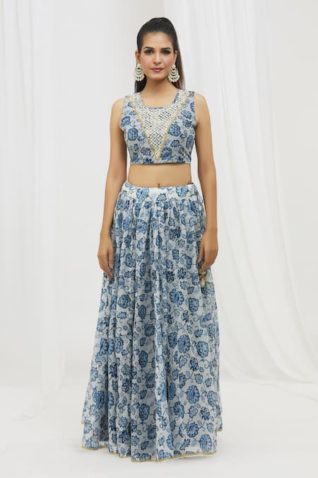 Yuvraani Jaipur Blue Chanderi, Cotton, Chiffon Embroidery, Tassels Floral Print Lehenga Set Online at Aza Fashions Yuvraani Jaipur_Blue Chanderi, Cotton, Chiffon Embroidery, Tassels Floral Print Lehenga Set _Online_at_Aza_Fashions