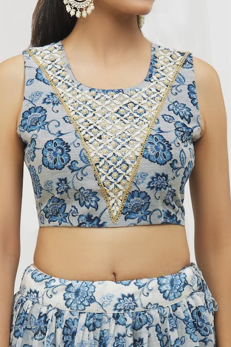 Buy Yuvraani Jaipur Blue Chanderi, Cotton, Chiffon Embroidery, Tassels Floral Print Lehenga Set Online at Aza Fashions Buy_Yuvraani Jaipur_Blue Chanderi, Cotton, Chiffon Embroidery, Tassels Floral Print Lehenga Set _Online_at_Aza_Fashions
