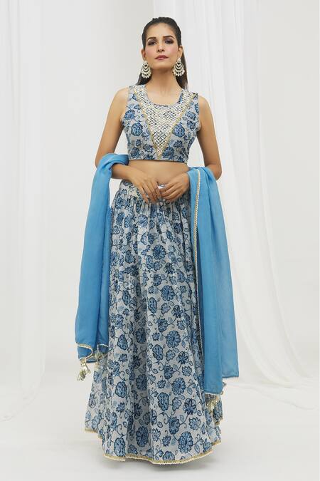 Shop Yuvraani Jaipur Blue Chanderi, Cotton, Chiffon Embroidery, Tassels Floral Print Lehenga Set Online at Aza Fashions Shop_Yuvraani Jaipur_Blue Chanderi, Cotton, Chiffon Embroidery, Tassels Floral Print Lehenga Set _Online_at_Aza_Fashions