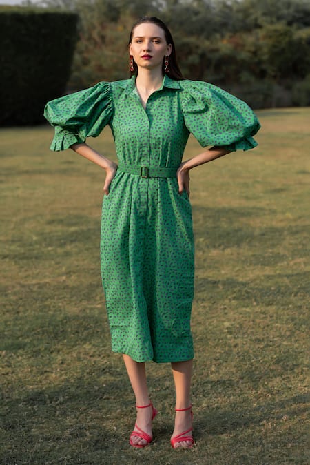 ZEN'S COUTURE Green Poplin Dot Stand Collar Isla Pattern Dress