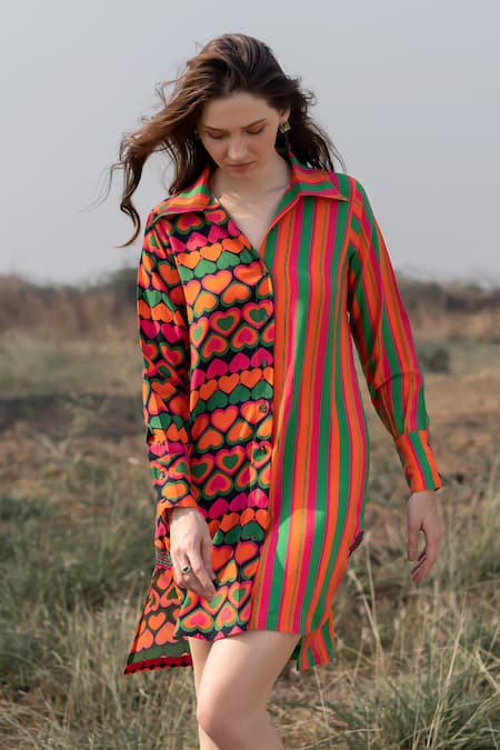 ZEN'S COUTURE Multi Color Textured Crepe Printed Heart Stand Collar Julie Stripe Shirt Dress