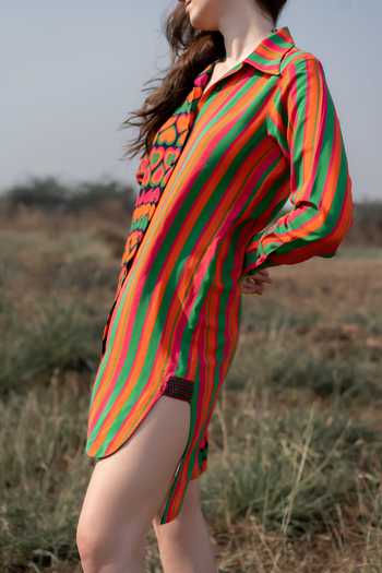 ZeN'S Couture_Multi Color Textured Crepe Printed Heart Stand Collar Julie Stripe Shirt Dress_Online_at_Aza_Fashions