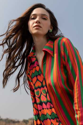 Buy_ZeN'S Couture_Multi Color Textured Crepe Printed Heart Stand Collar Julie Stripe Shirt Dress_Online_at_Aza_Fashions