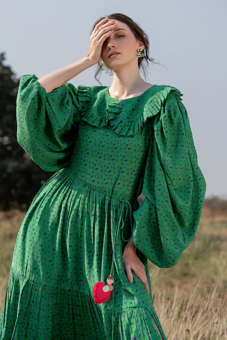 ZeN'S Couture_Green Textured Crepe Dot Peter Pan Collar Megan Print Dress_Online_at_Aza_Fashions