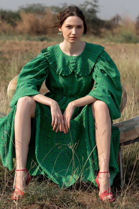 Buy_ZeN'S Couture_Green Textured Crepe Dot Peter Pan Collar Megan Print Dress_Online_at_Aza_Fashions