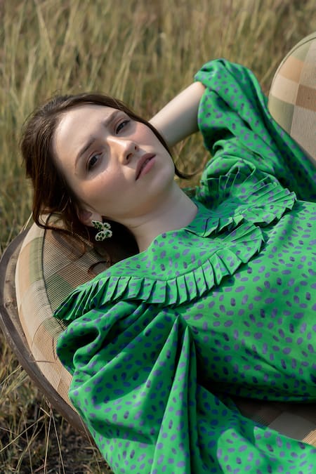 ZeN'S Couture_Green Textured Crepe Dot Peter Pan Collar Megan Print Dress_at_Aza_Fashions