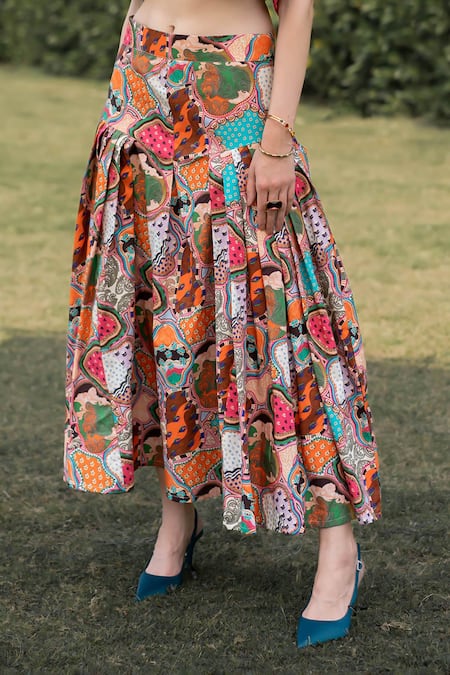 ZeN'S Couture_Multi Color Textured Crepe Printed Mosaic Pandora Ruffle Op With Skirt_Online_at_Aza_Fashions