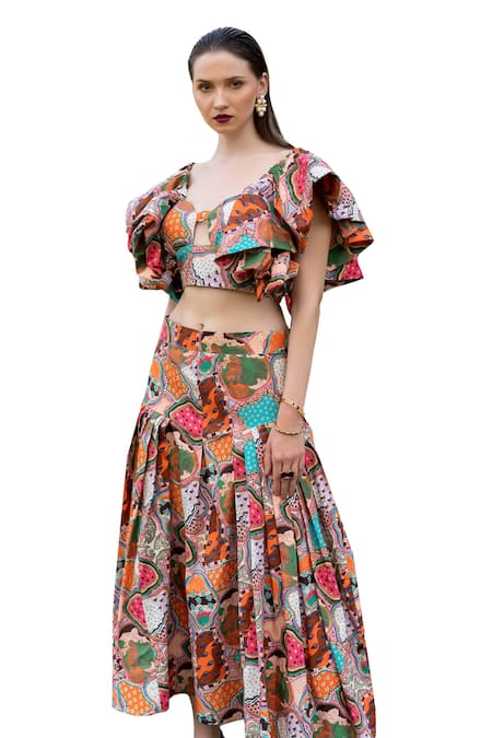 Buy_ZeN'S Couture_Multi Color Textured Crepe Printed Mosaic Pandora Ruffle Op With Skirt_Online_at_Aza_Fashions
