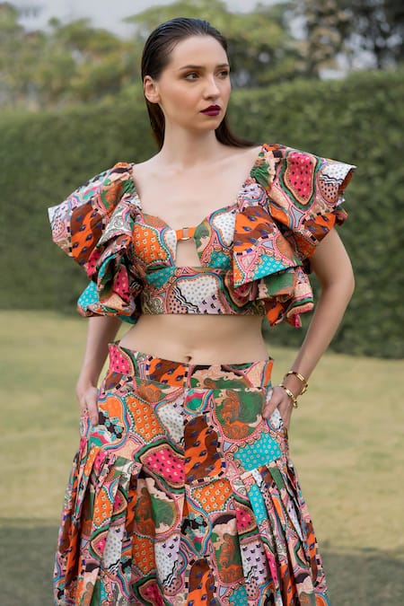 Shop_ZeN'S Couture_Multi Color Textured Crepe Printed Mosaic Pandora Ruffle Op With Skirt_Online_at_Aza_Fashions