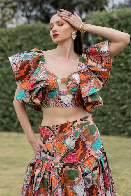 ZeN'S Couture_Multi Color Textured Crepe Printed Mosaic Pandora Ruffle Op With Skirt_at_Aza_Fashions