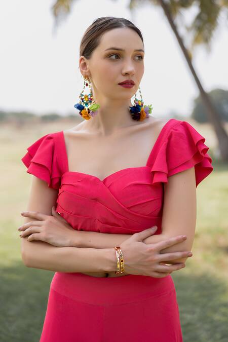 ZeN'S Couture_Pink Textured Crepe Solid Sweetheart Aria Ruched Top With Flared Pant_Online_at_Aza_Fashions