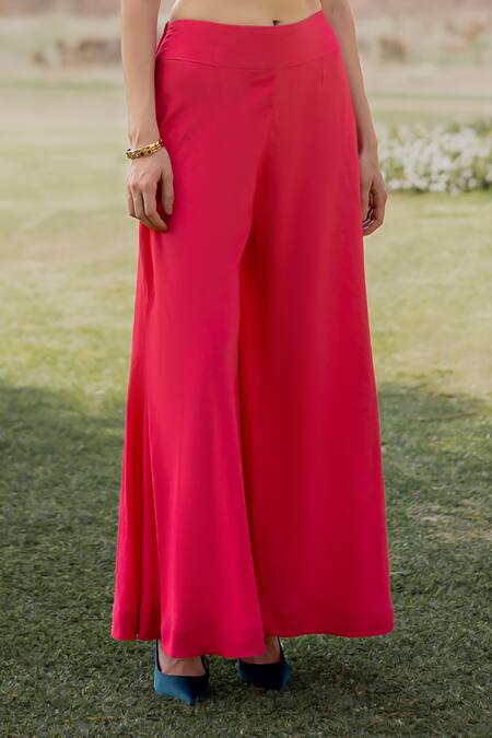 Buy_ZeN'S Couture_Pink Textured Crepe Solid Sweetheart Aria Ruched Top With Flared Pant_Online_at_Aza_Fashions