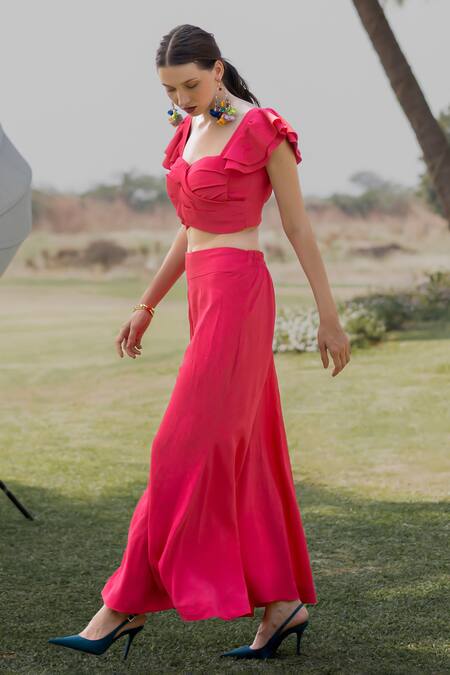 ZeN'S Couture_Pink Textured Crepe Solid Sweetheart Aria Ruched Top With Flared Pant_at_Aza_Fashions