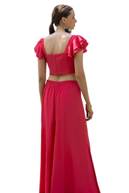 Buy_ZeN'S Couture_Pink Textured Crepe Solid Sweetheart Aria Ruched Top With Flared Pant