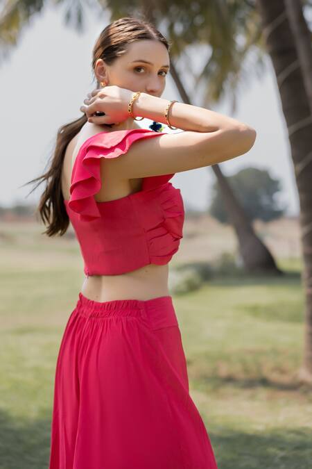 Shop_ZeN'S Couture_Pink Textured Crepe Solid Sweetheart Aria Ruched Top With Flared Pant