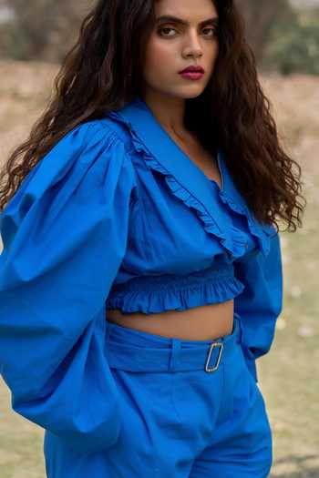 Buy_ZeN'S Couture_Blue Poplin Solid Stand Collar Stella Crop Top Shorts Set_Online_at_Aza_Fashions