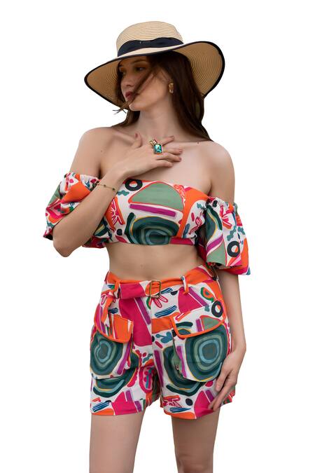 ZeN'S Couture_Multi Color Textured Crepe Printed Abstract Off Zia Crop Top Shorts Set_Online_at_Aza_Fashions