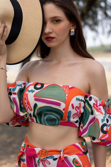 Buy_ZeN'S Couture_Multi Color Textured Crepe Printed Abstract Off Zia Crop Top Shorts Set_Online_at_Aza_Fashions