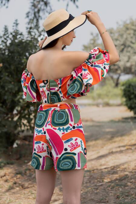 ZeN'S Couture_Multi Color Textured Crepe Printed Abstract Off Zia Crop Top Shorts Set_at_Aza_Fashions